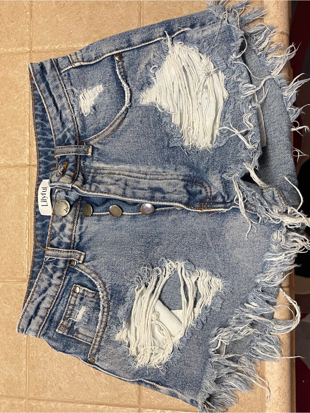 Lilyful Distressed Frayed Hem Denim Shorts - Blue
